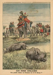 En noshörningjakt för att hedra kung George V (1865-1936), illustration från 